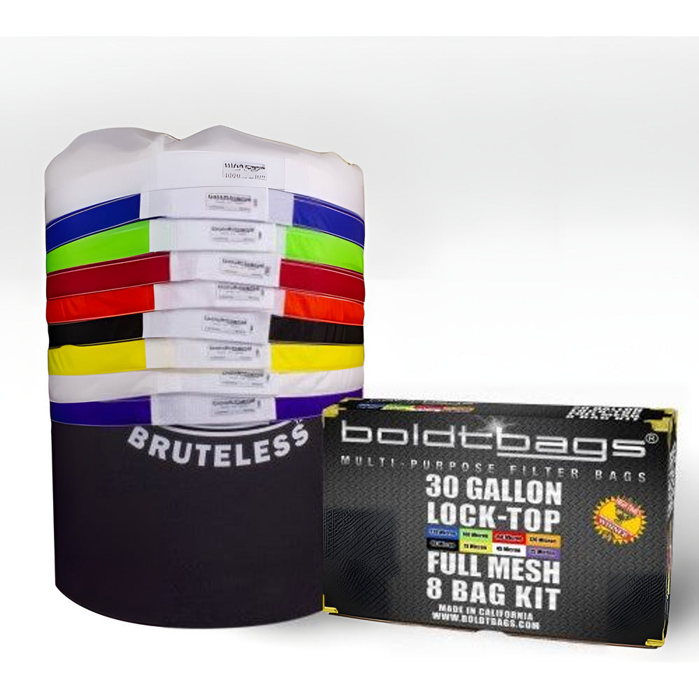 Boldtbags stack of colored lock-top filter bags and box of 8 bag kit