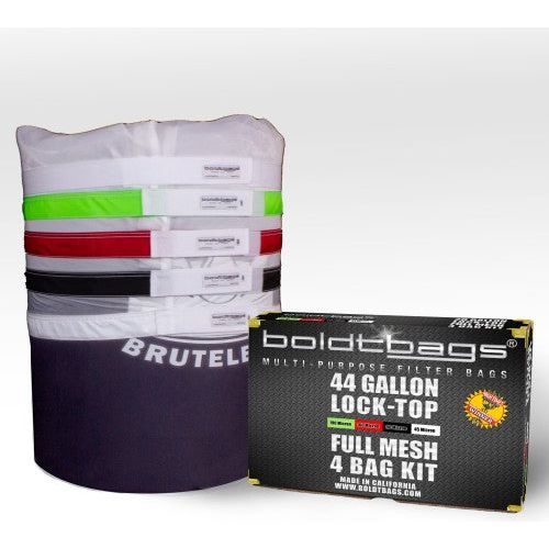 BoldtBags 44 gallon lock-top full mesh 4 bag kit stacked with color-coded bands and a box.