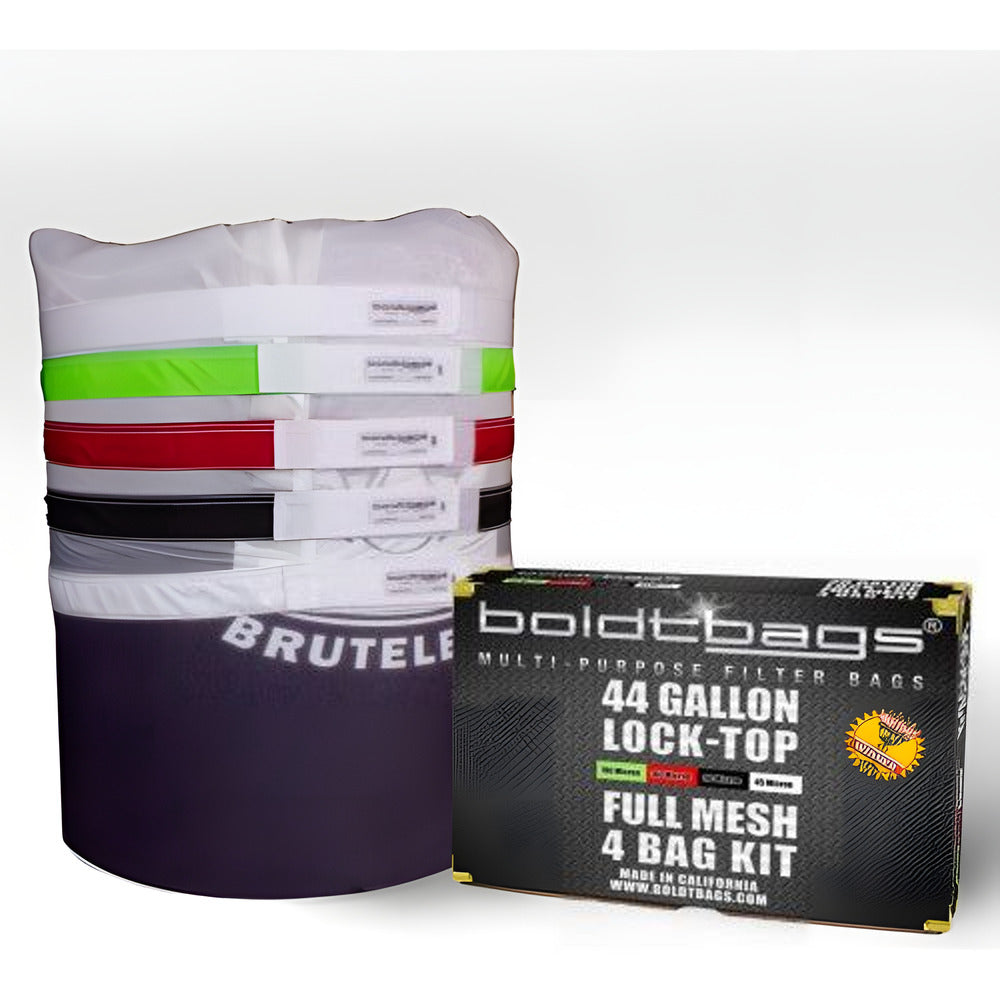BoldtBags 44 gallon lock-top full mesh 4 bag kit stacked with color-coded bands and a box.