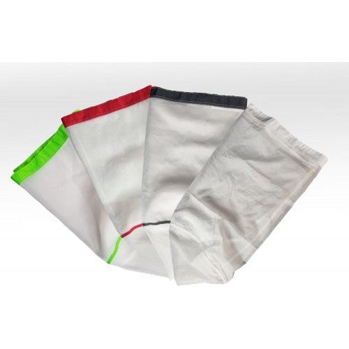 Four white mesh bags with colored top trim (green, red, black) laid out, fanned.