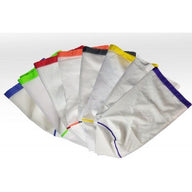 A fan of white mesh bags with colored tops: blue, green, red, orange, black, yellow, purple.