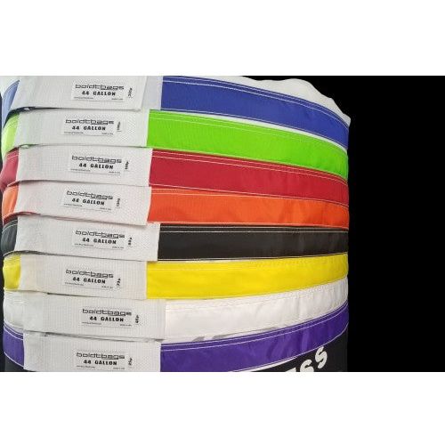 Stacked boldtbags 44 gallon mesh bags in assorted colors: blue, green, red, orange, black, yellow, white, and purple.