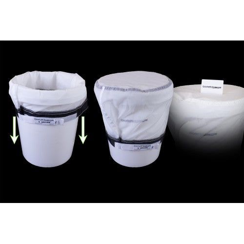 White mesh bag with black trim, covers a white bucket, then a closed bag over a bucket.