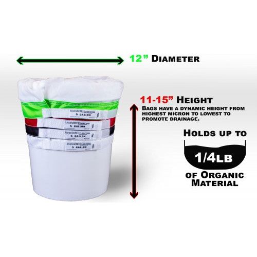 Stackable boldtbags mesh bags in white, green, red, and black, showing 12" diameter, 11-15" height, holding 1/4lb organic material.