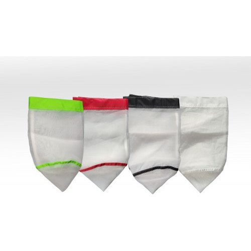 Four mesh bags with colored tops (green, red, black, white) and matching color accents.
