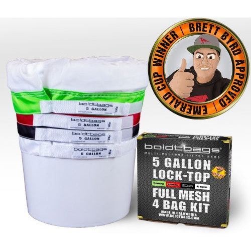 Boldtbags 5-gallon lock-top filter bags in a 4-bag kit with a Brett Byrd Approved seal.