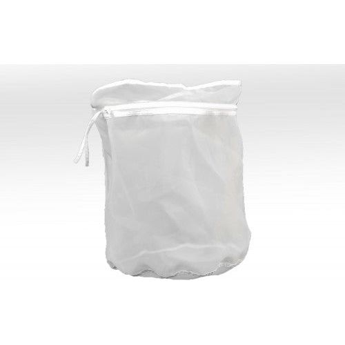 A white mesh laundry bag with a drawstring and zipper, shown open against a white background.
