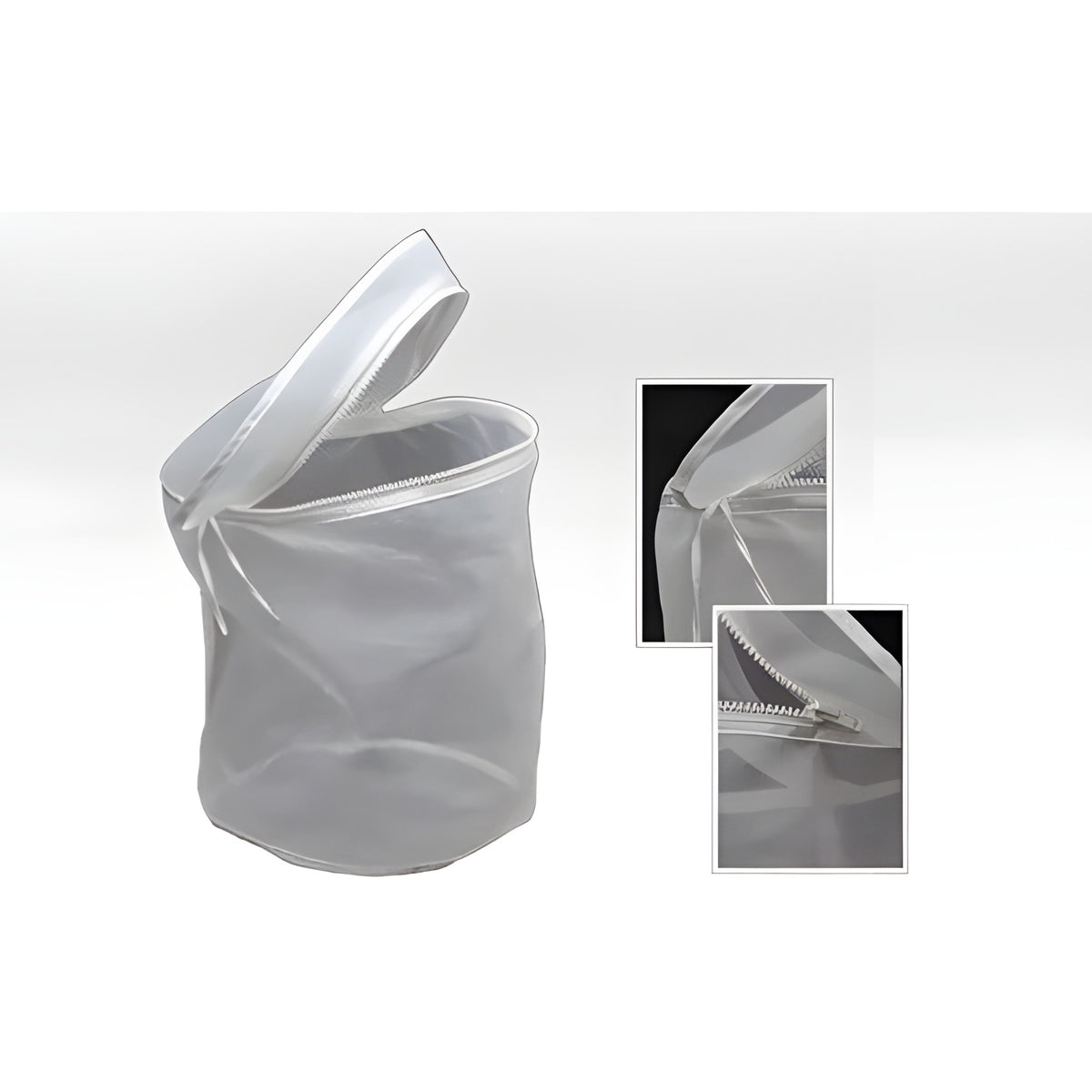 White mesh laundry bag with open zipper top and close-up views of zipper detail.