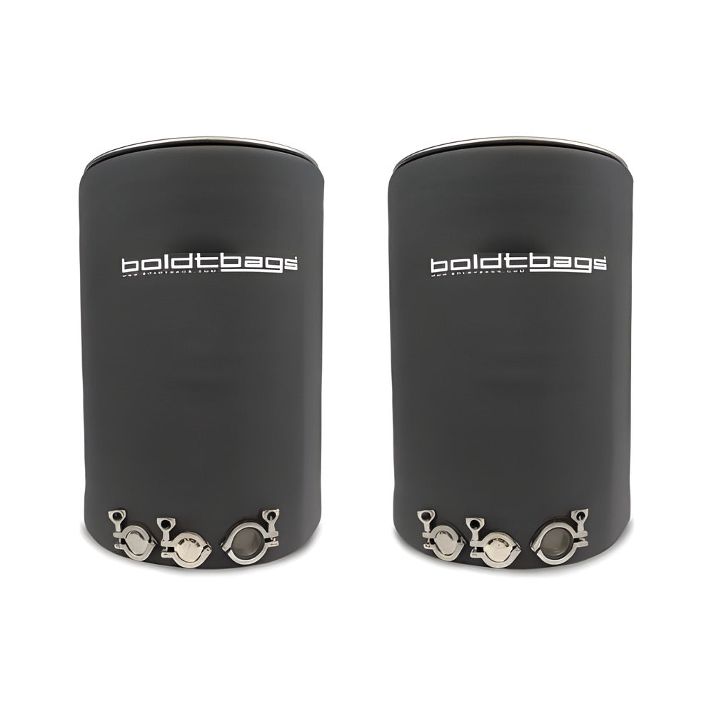 Two black cylindrical bags with "boldtbags" logo and stainless steel clamps on bottom.