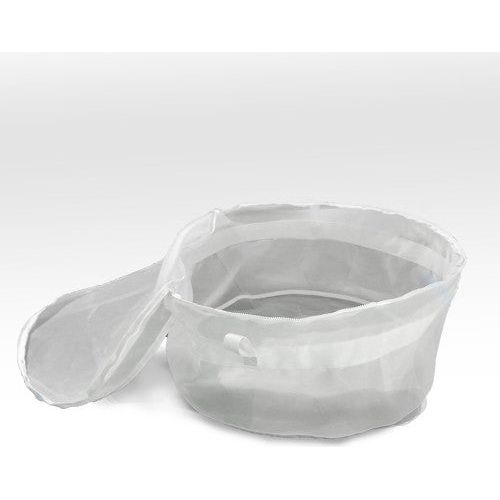 A white, open-top mesh laundry bag with a flat bottom and a long, extended flap.