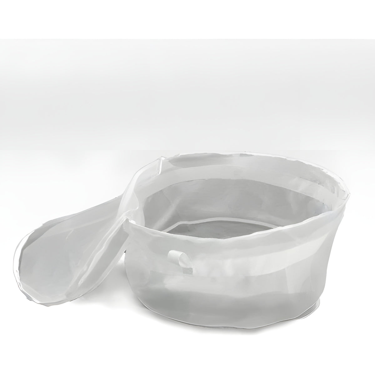 A white, open-top mesh laundry bag with a flat bottom and a long, extended flap.