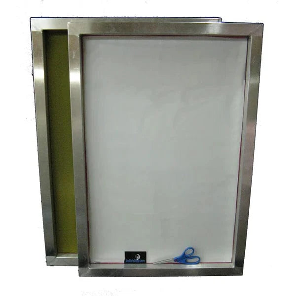 Two large dry sift screens with silver frames, white and green meshes. Blue scissors and Bubblebags.com logo visible.