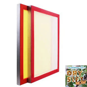 Pair of large dry sift screens with red frames & yellow mesh, ideal for resin extraction or bubble bag sifting.