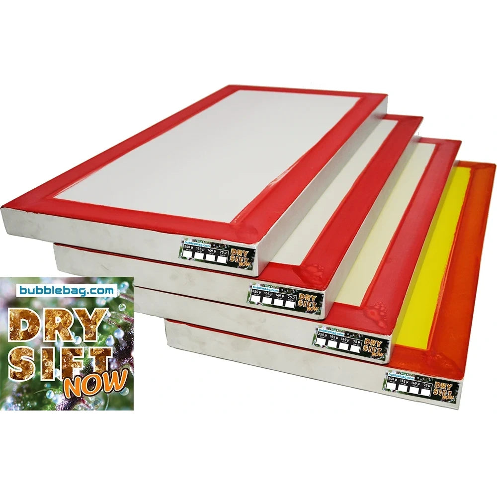 Stack of four dry sift screens with red frames and white, cream, yellow, orange meshes, with bubblebag.com logo.