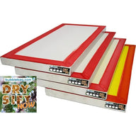 Stack of four dry sift screens with red frames and white, cream, yellow, orange meshes, with bubblebag.com logo.