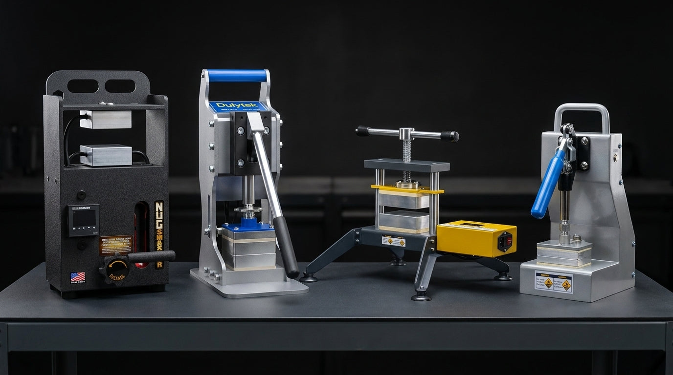 Four rosin presses of different brands and designs displayed on a dark table.