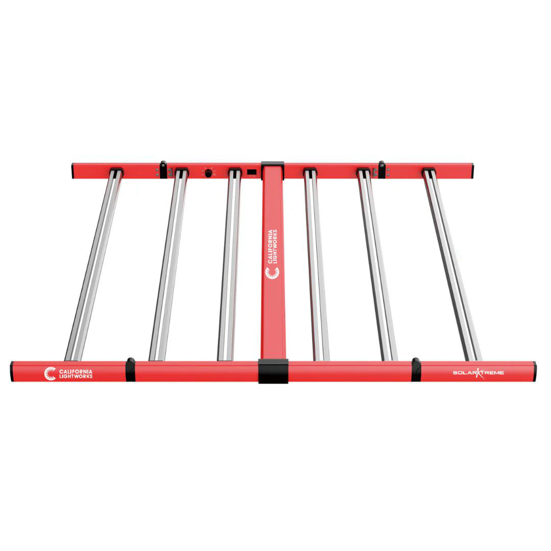 Red California LightWorks SolarXtreme 640 full spectrum LED grow light with parallel silver light bars.