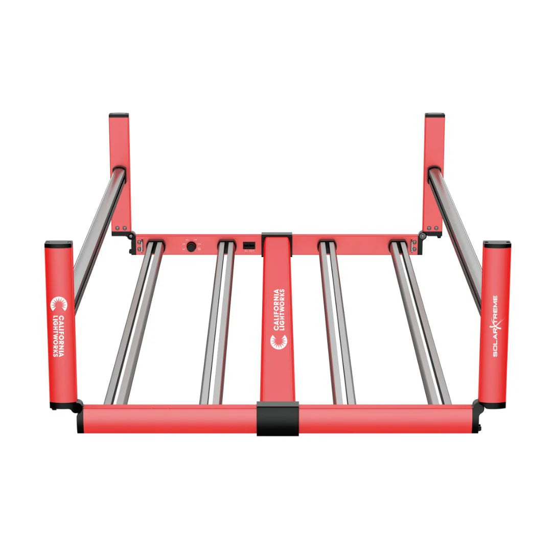 California LightWorks SolarXtreme 640 full spectrum LED grow light frame, red and silver.