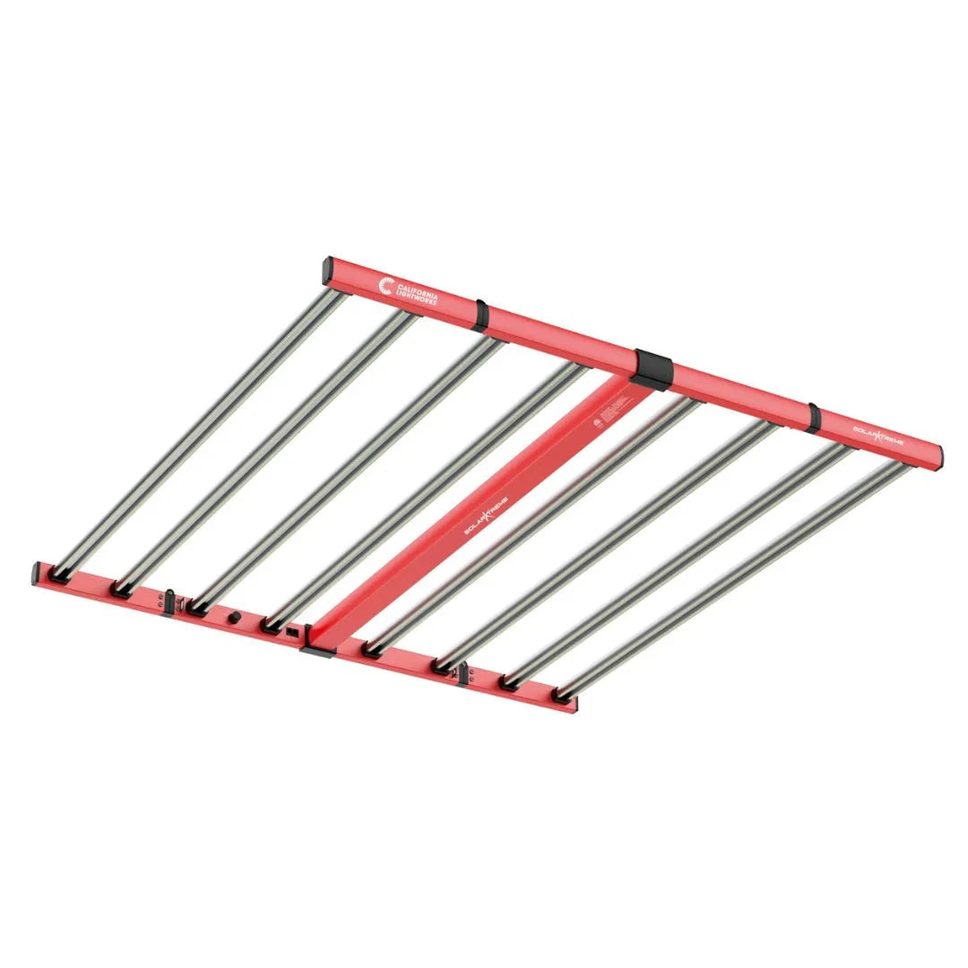 California Lightworks SolarXtreme 820 full spectrum LED grow light with red frame and silver bars on white.