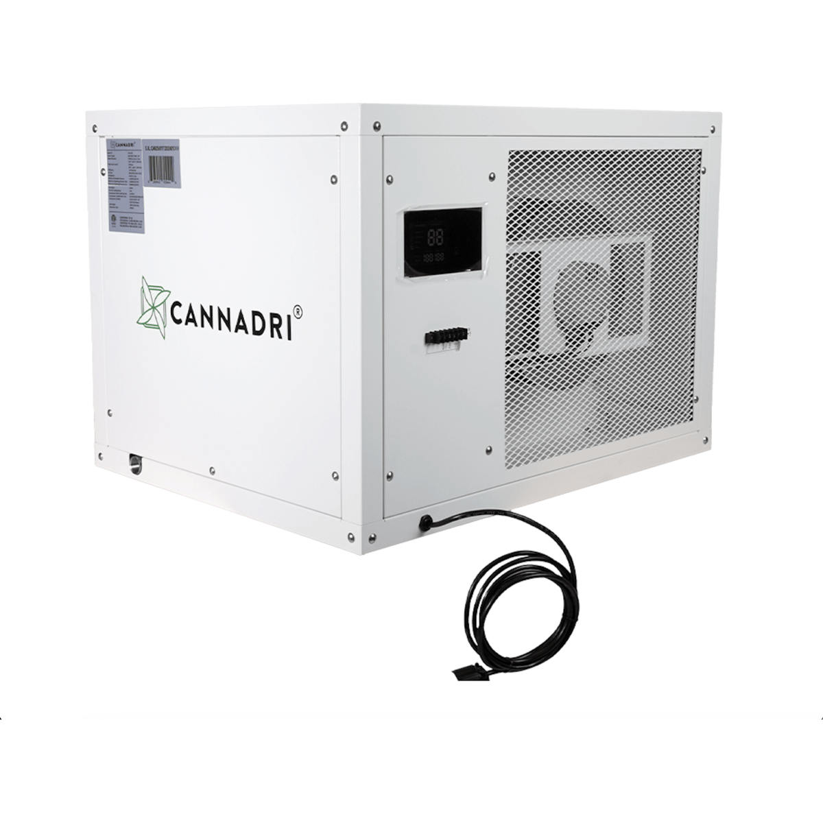 White CANNADRI CAN-250 dehumidifier with digital display, front mesh grill, and coiled power cord.