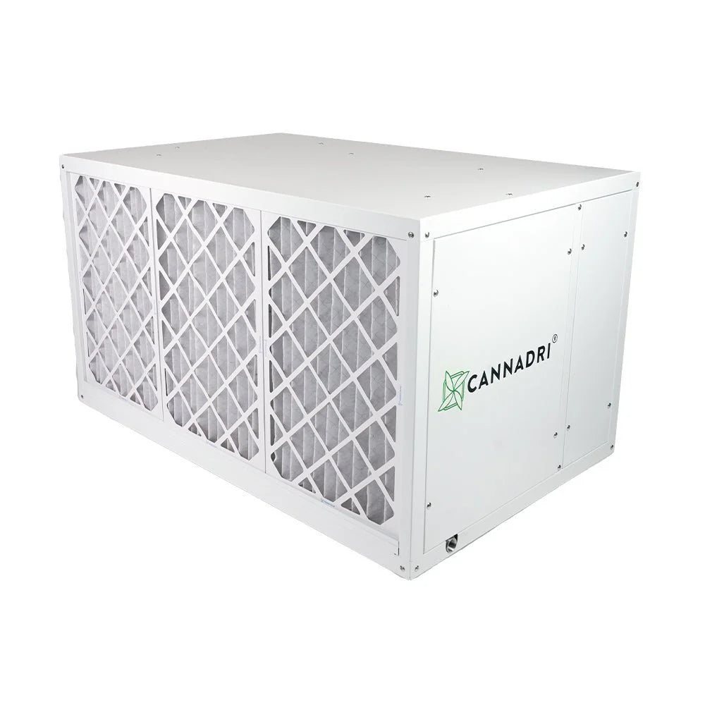 White rectangular CANNADRI CAN-500 Crusader dehumidifier with three large filter panels and green logo.