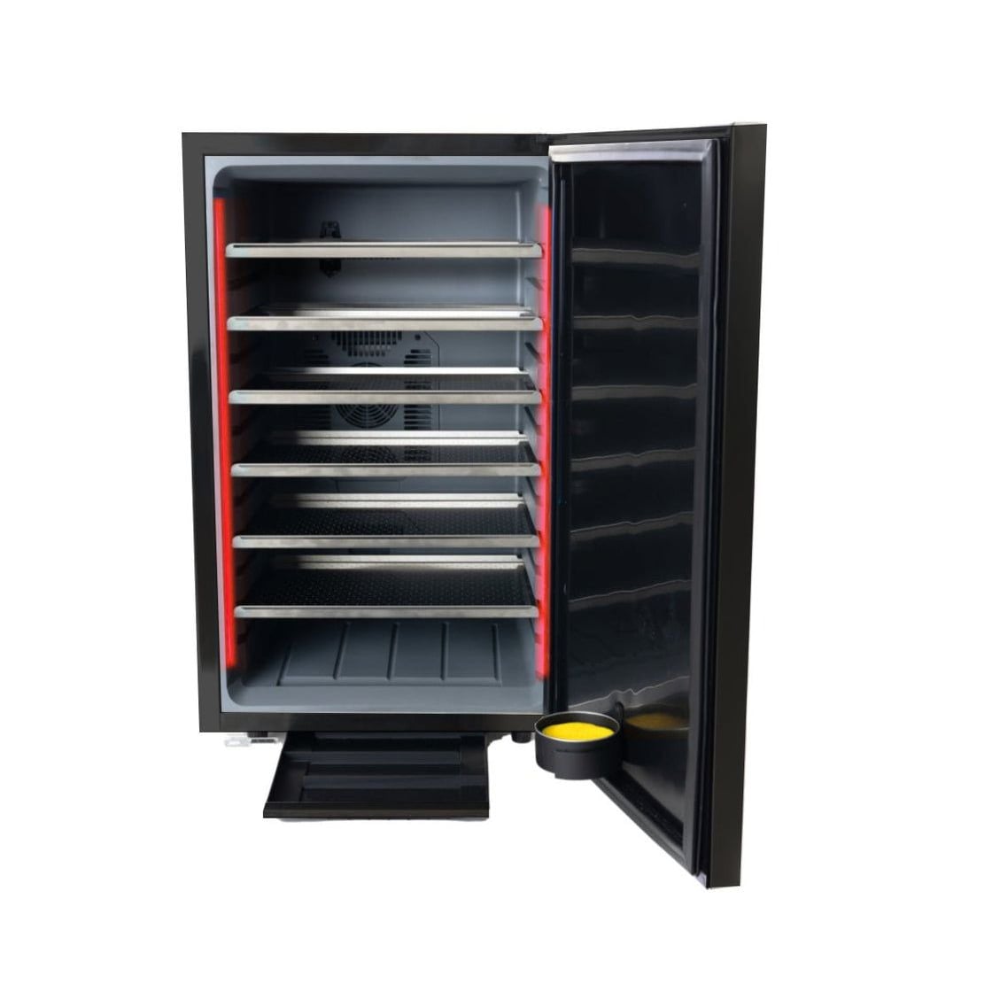 Black drying and curing system with open door, showing 7 stainless steel shelves and red LED lighting.