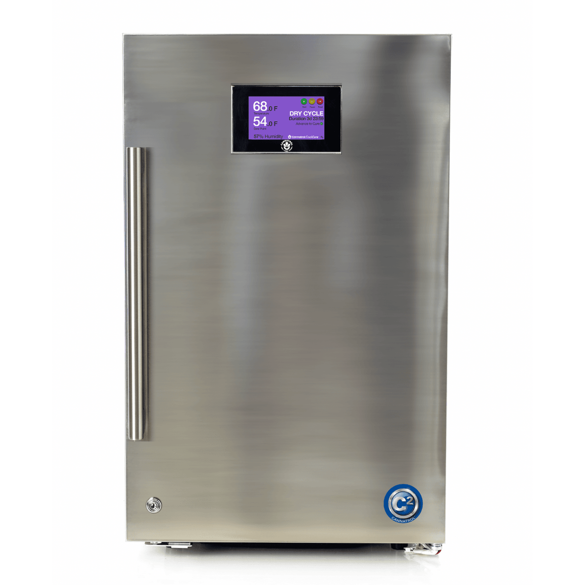 Stainless steel Cannatrol C2 drying and curing system with digital display and chrome handle.