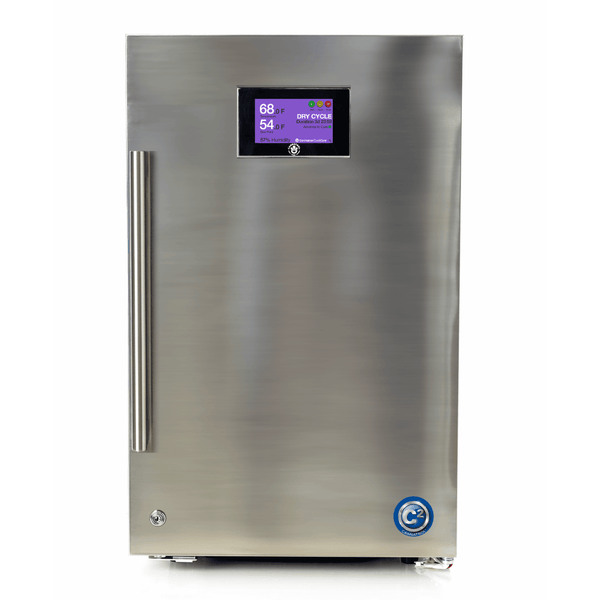Stainless steel Cannatrol C2 drying and curing system with digital display and chrome handle.