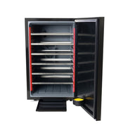 Open black drying and curing system with 6 shelves and red LED lighting.