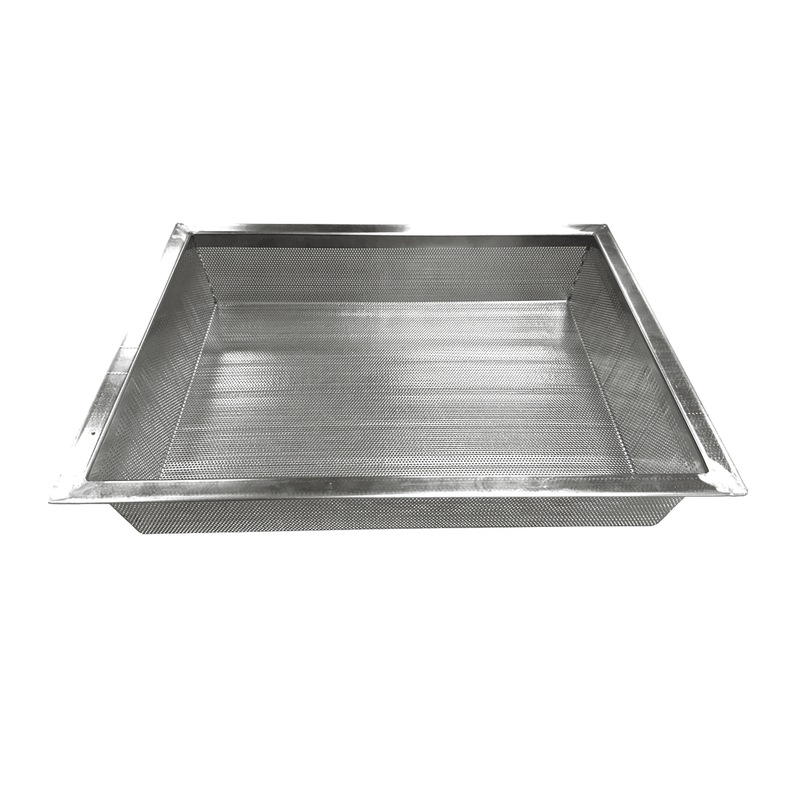 Rectangular stainless steel drying basket with perforations and a rim.