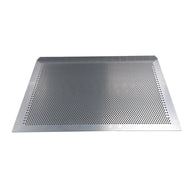 Perforated metal drying shelf with raised edges.