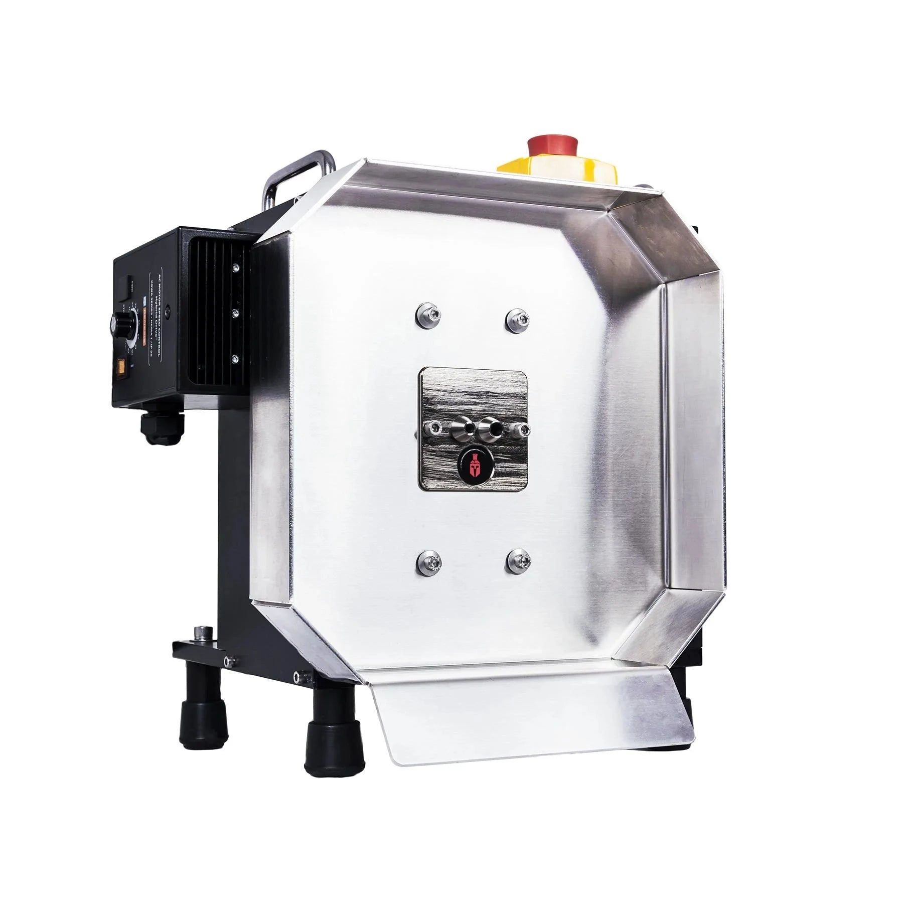 Tabletop bucking machine with stainless steel hopper, control panel, and feet.