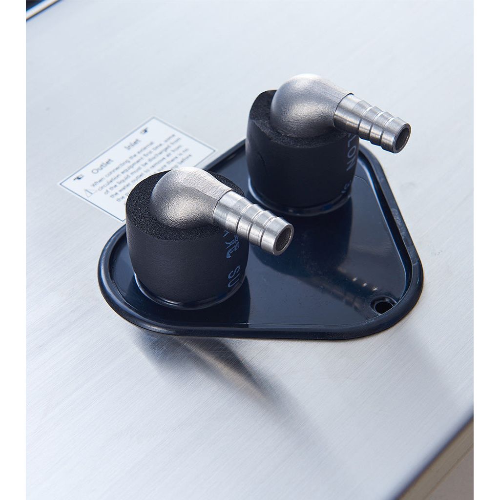 Stainless steel chiller hose fittings (inlet/outlet) with black insulation on a triangular plate, set on brushed metal.