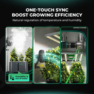 Mars Hydro grow tent setup with plants, fans, lights, and humidifier status indicator.