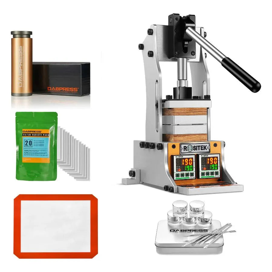 A Rositek manual rosin press bundle with Dabpress pre-press mold, filter bags, silicone mat, dab tools, and containers.