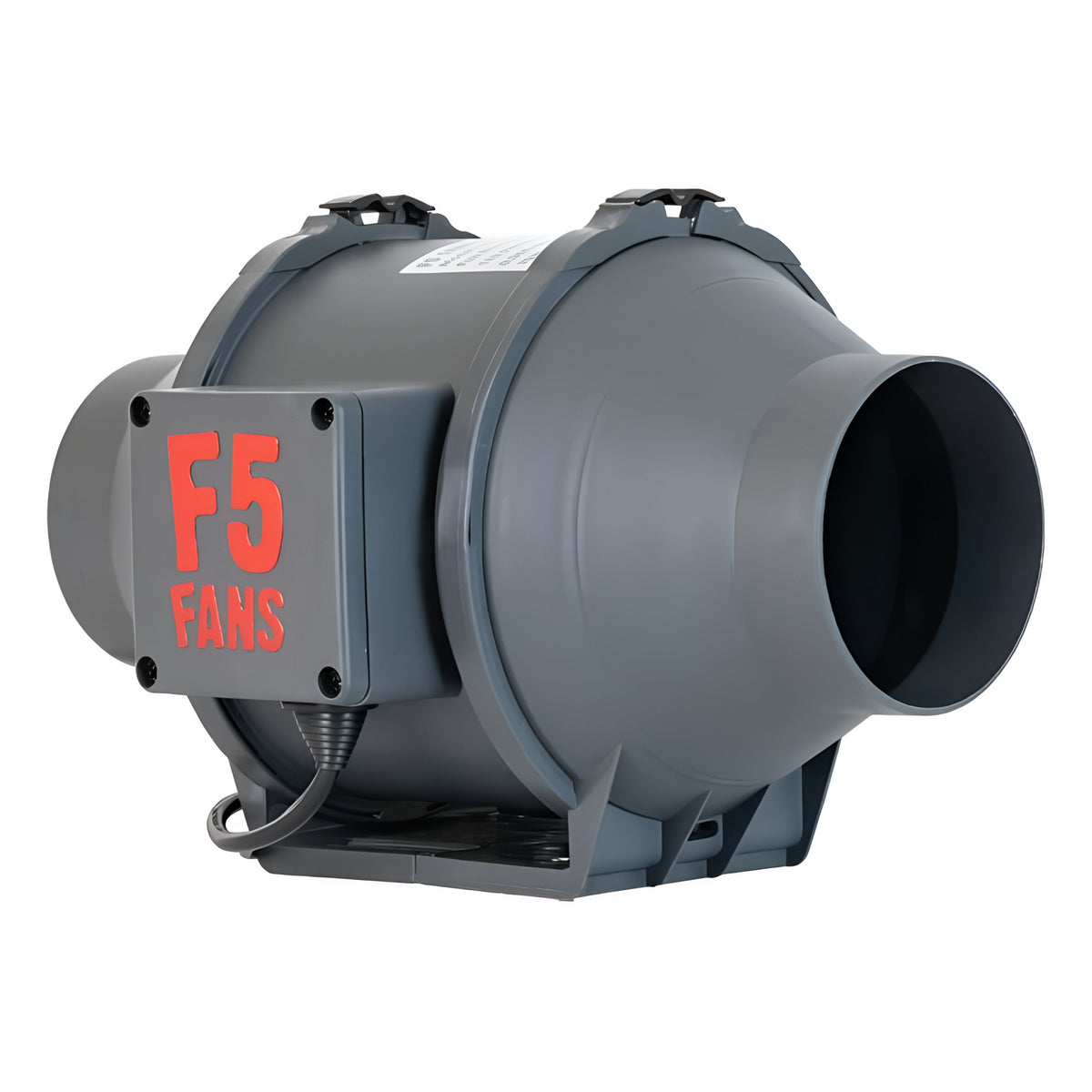 Gray F5 inline duct fan with red logo on white background