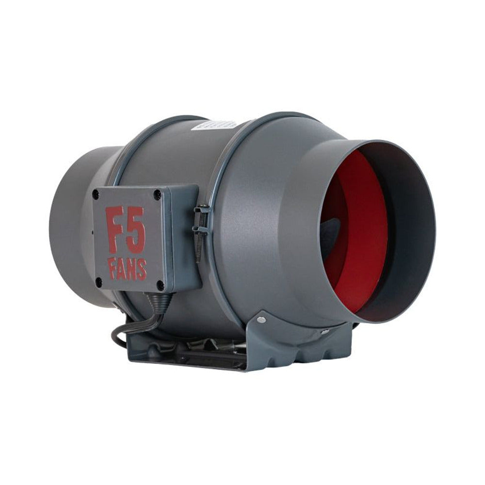 Gray inline F5 turbo EC fan with red fan blades and black mounting bracket.