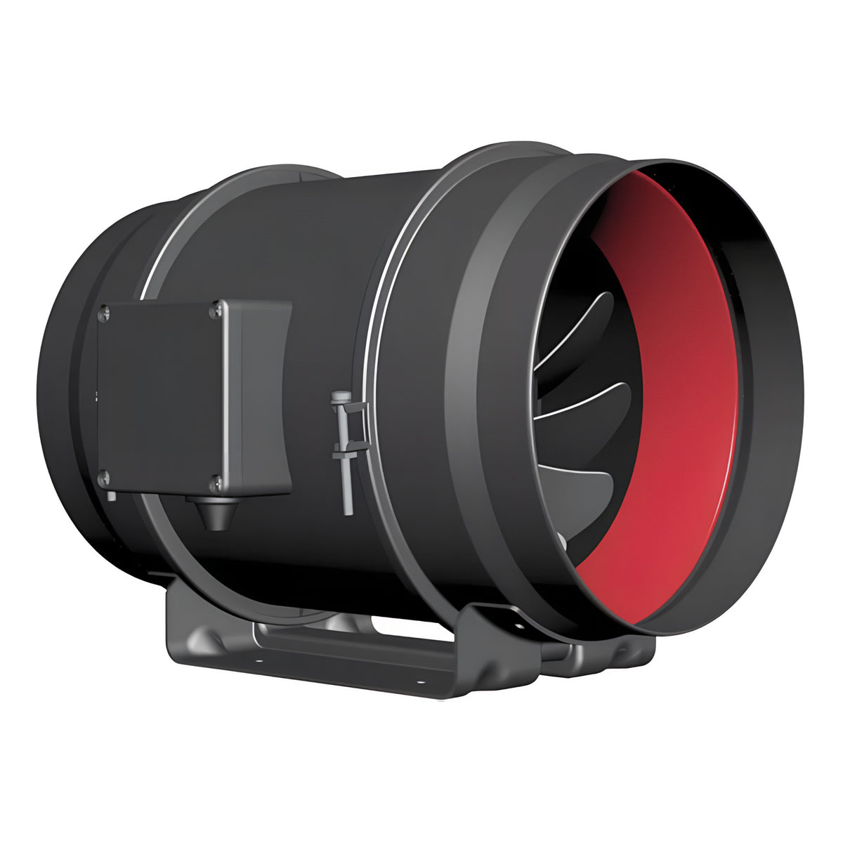 Black inline duct fan with red accent ring, black housing, and mounting bracket.