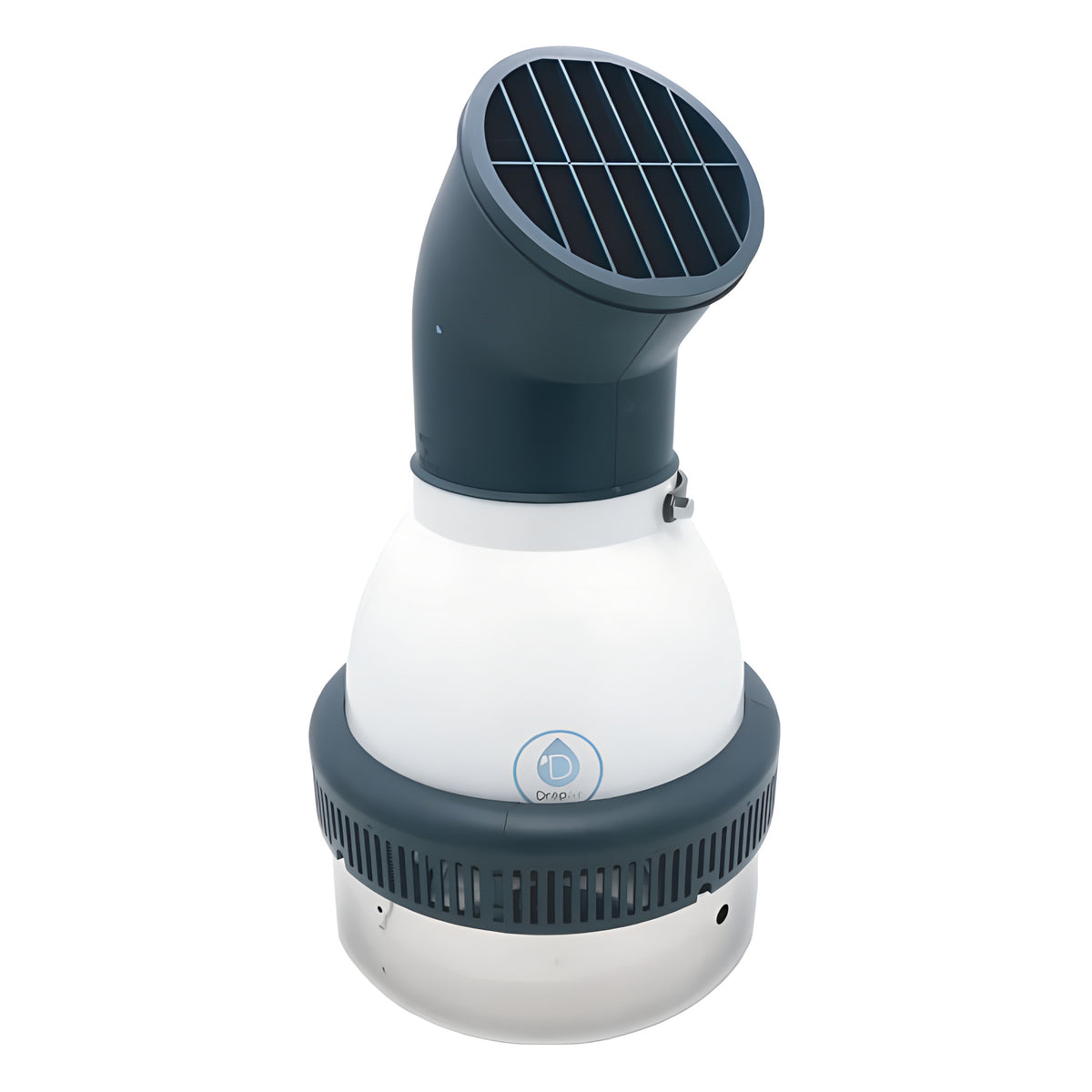 Compact white humidifier with dark gray vent and duct, featuring a water drop logo.