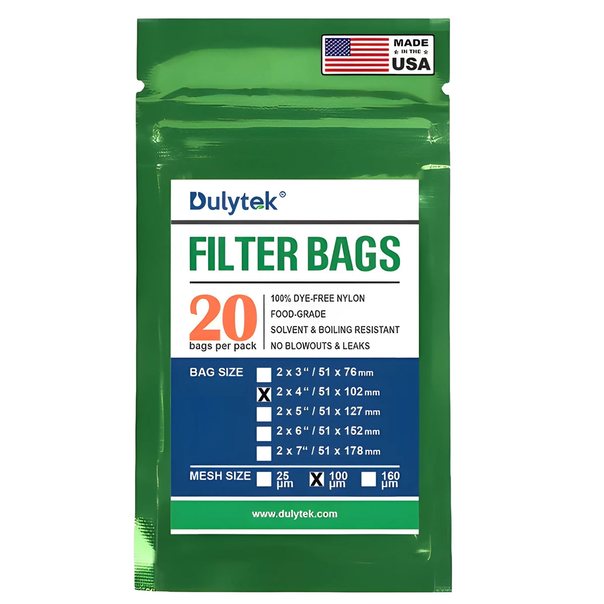 Green Dulytek 100 micron, 2x4 inch rosin press nylon filter bags, 20 per pack, Made in USA.