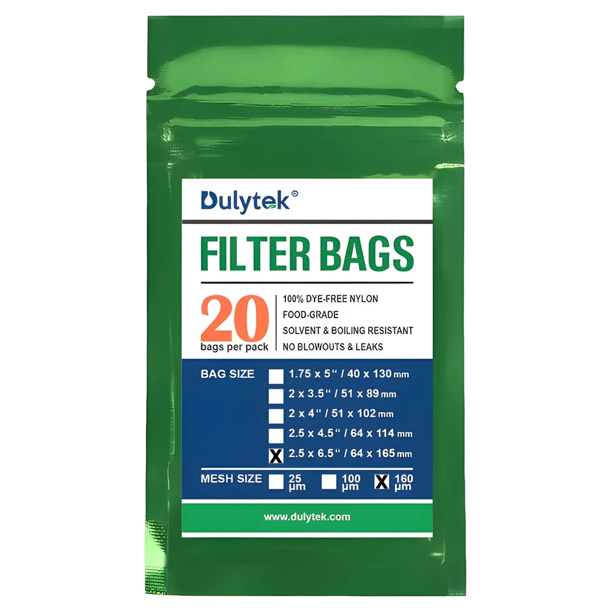 Dulytek 160 micron, 2.5x6.5 inch rosin press nylon filter bags (20-count) in a shiny green pouch.