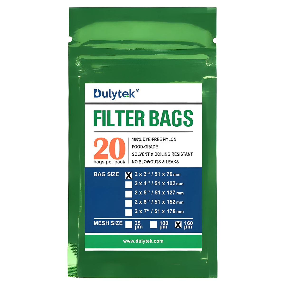 Green Dulytek packaging showing 20-pack of 160 micron, 2x3" nylon rosin press filter bags with product specs.