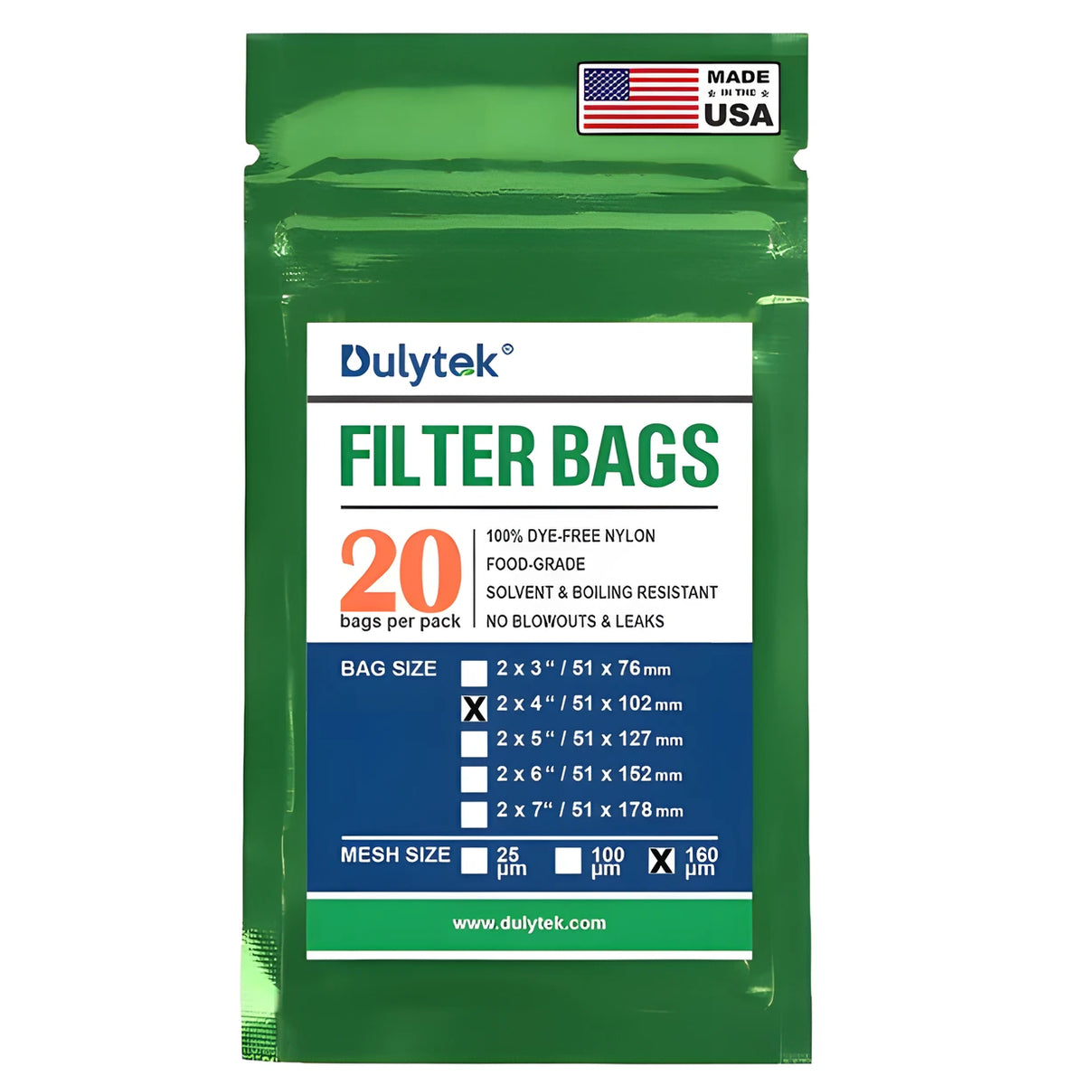 Dulytek 20-pack 2x4" 160-micron nylon rosin press filter bags in a green pouch, Made in USA.