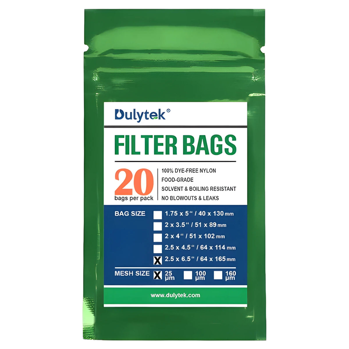 Dulytek 25 micron, 2.5x6.5 inch rosin press nylon filter bags, 20 per pack, in green packaging.