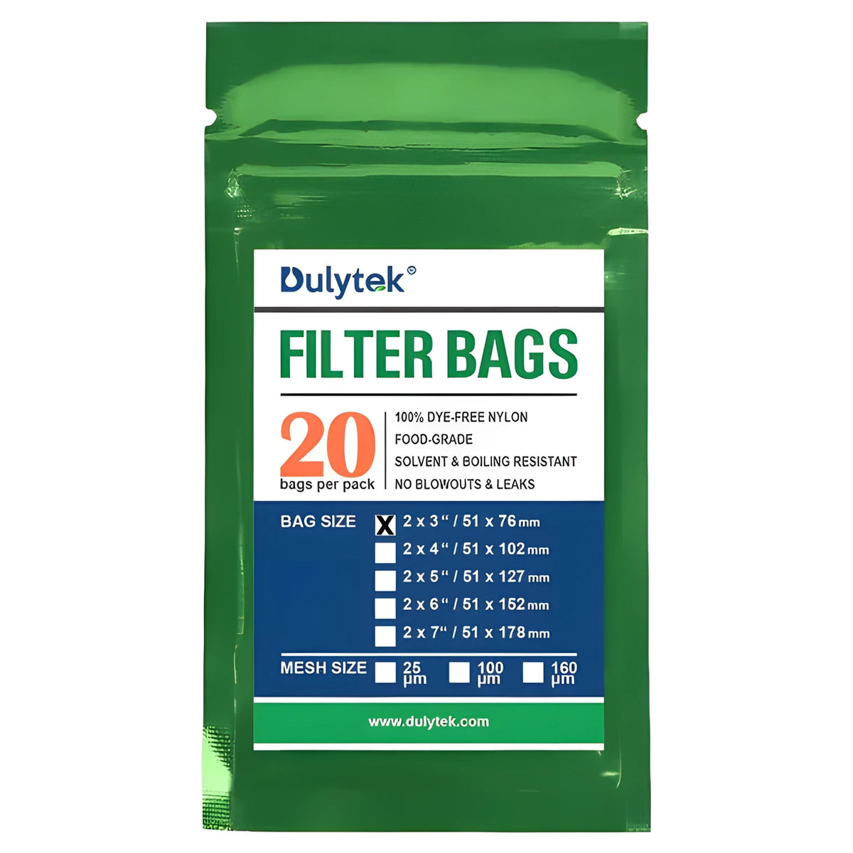Green Dulytek 2x3" 25µm nylon rosin press filter bags, food-grade and solvent resistant, 20-pack.