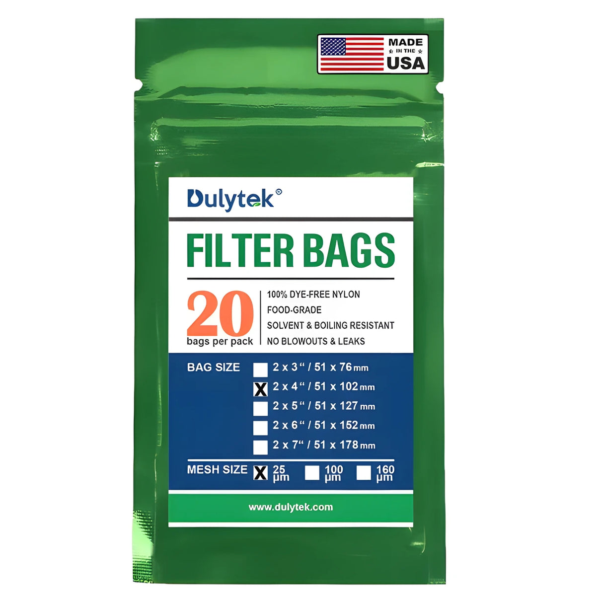 Green Dulytek 25 micron 2x4 rosin press nylon filter bags, 20 count, Made in USA.