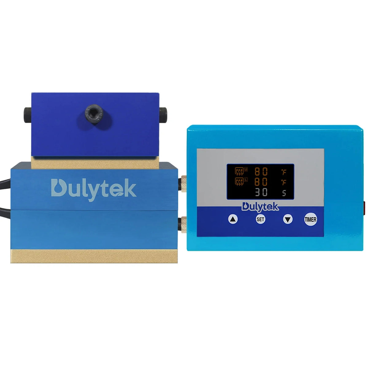 Dulytek 3x5 retrofit rosin press kit with blue heated plates and a control box showing 80 F and 30 s settings.