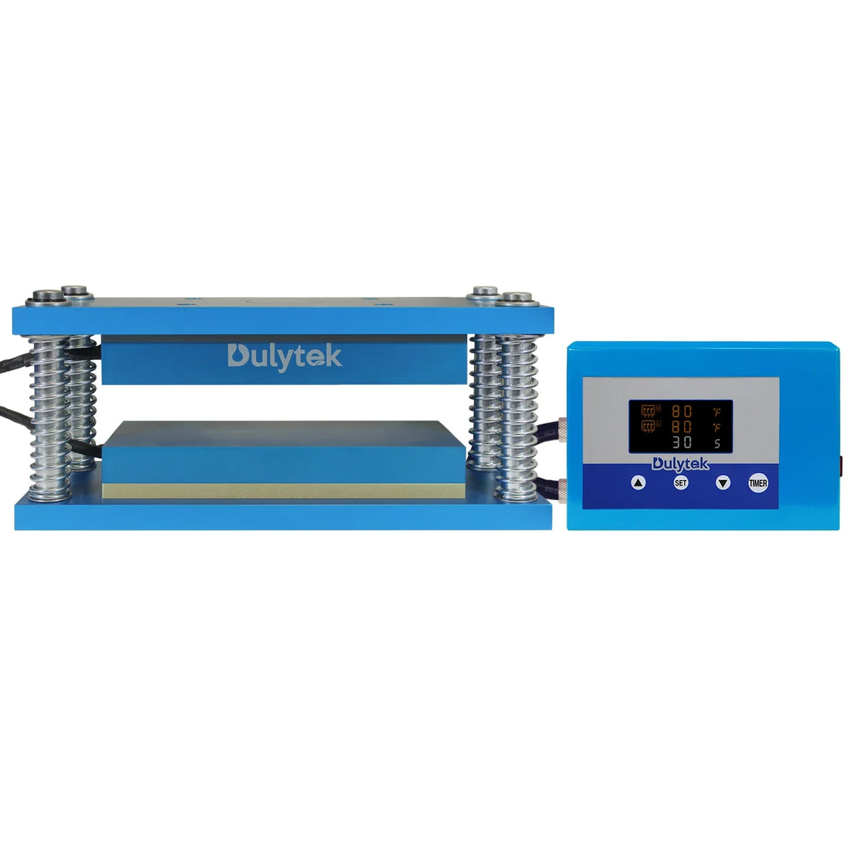 Blue Dulytek 3x8 retrofit rosin press kit with dual heated platens and a separate digital control unit.