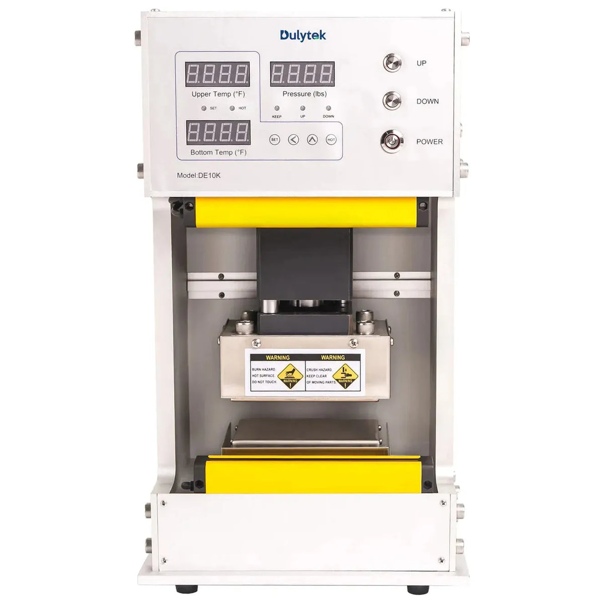 Dulytek Elite DE10K 5-ton rosin press with digital displays for temperature and pressure.
