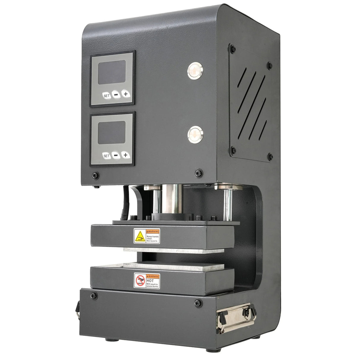 Dark gray metal electric rosin press with dual digital controls, two heating plates, and safety warning labels.